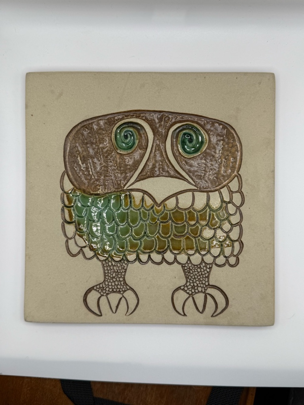Bennington Potters Vintage Grumpy Owl Ceramic Tile 8x8 By David Gil 1960's